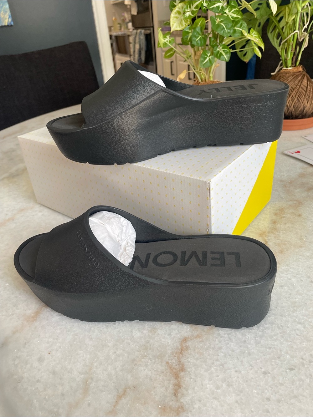Lemon Jelly Black Platform Slide Mules